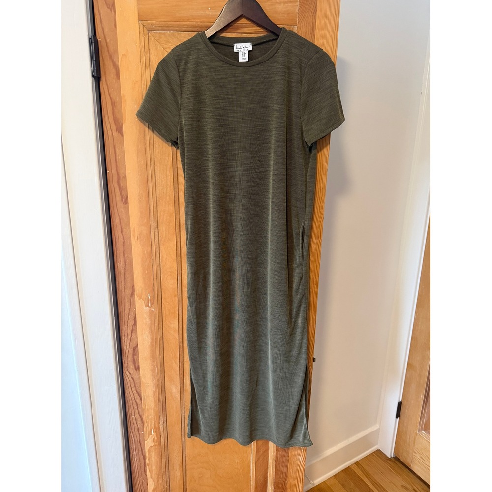 Nicole Miller New York Olive Green Space Dye Rib Maxi Dress Pockets Maternity M